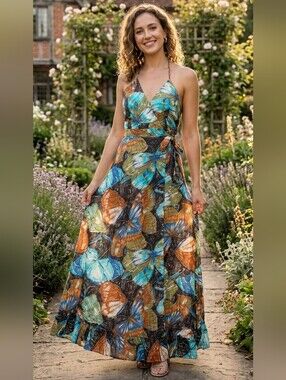 Vtg 70s Boho OOAK Homemade Brown Blue Butterfly Halter Plunge Maxi Wrap Dress